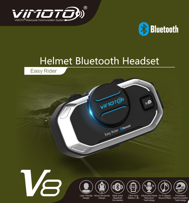 オートバイ用Bluetooth付きインターホン,ノイズリダクションと互換性のあるデバイス,2つのグラデーション,簡単なライダー,Vimoto-V8
