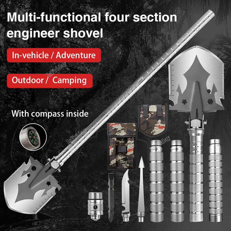 Pá multifuncional tática militar, Ferramentas de pepitas ao ar livre, Camping Survival Folding Spade Tool, Equipamento do carro, Kit de neve