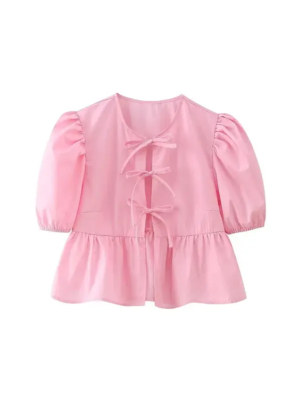Willshela-Camisa feminina com renda, blusa vintage com decote em O, mangas curtas de sopro, blusa feminina chique, moda sólida