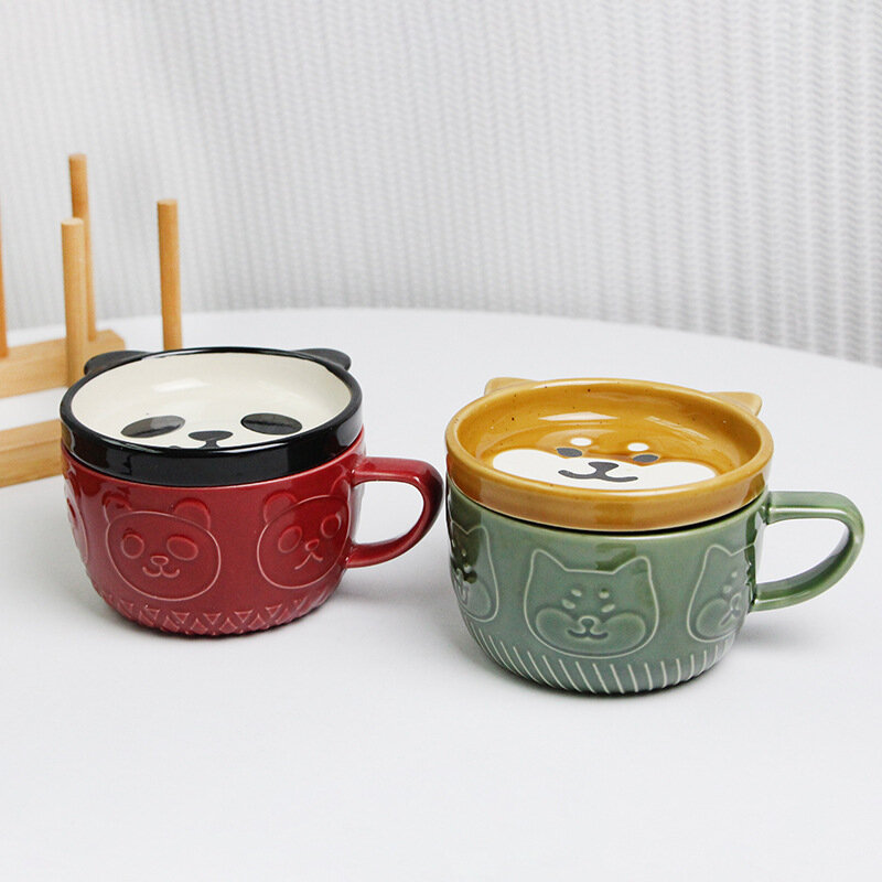 Taza de café de gato de dibujos animados japoneses con tapa de patrón de gato, plato pequeño, taza de desayuno linda, taza de café creativa, taza de leche, regalo para niña