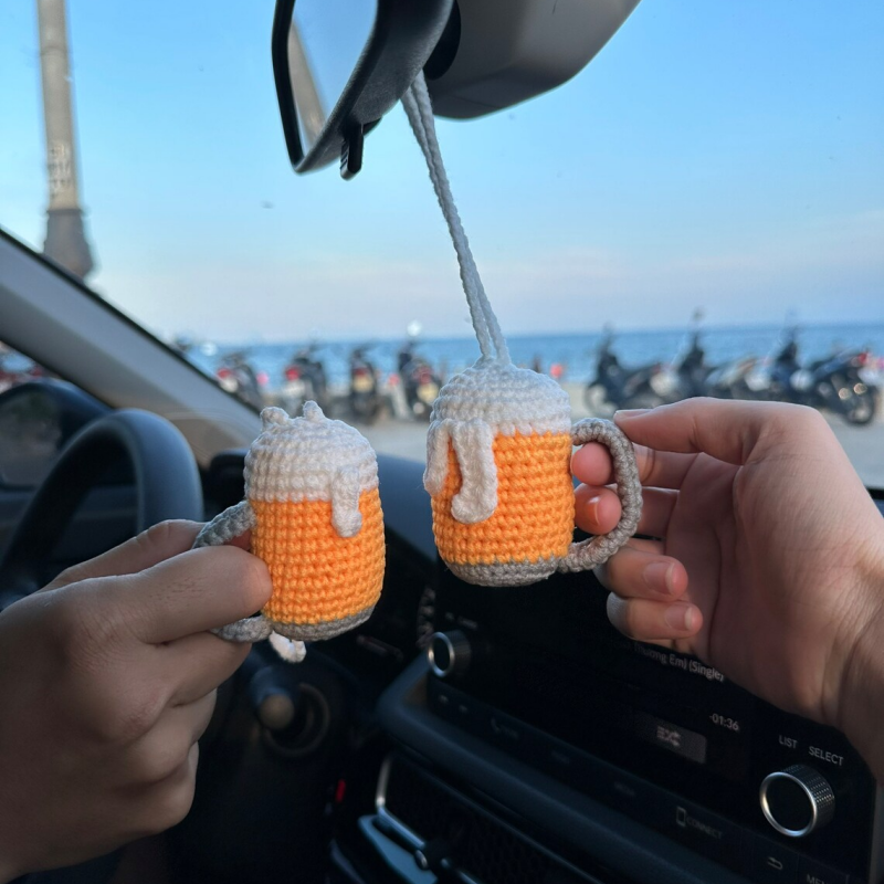 Cartoon Creative Handmade Hanging Little Cup of Beer Car Mirror Decoration Charm Ornaments Auto Interior Accessories Car Decor