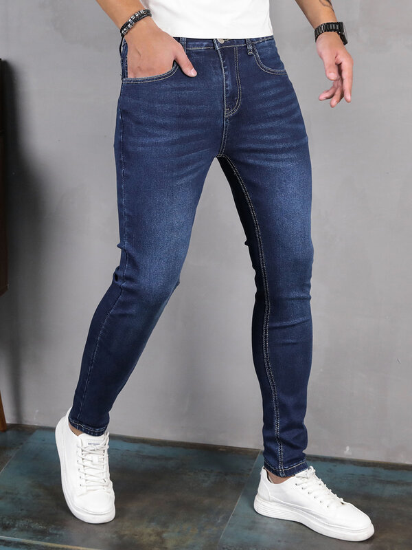 Y2k pantaloni Jeans maschili uomo tinta unita Multi tasche Denim vita media pantaloni classici elasticizzati in Denim elasticizzato Streetwear