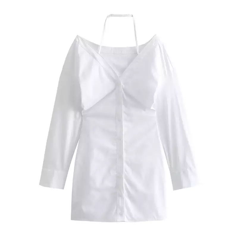 Tecido de trincheira feminino slim fit pendurado no pescoço mini vestido, ombro fora, manga longa, botão, retro, nova moda