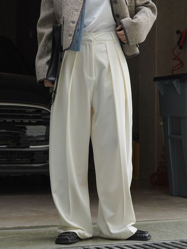 Celana setelan ขากว้างสไตล์เกาหลีสำหรับผู้หญิงสีเบจ/เทาเข้มกางเกงทำงานแฟชั่นแนวสตรีทสไตล์เกาหลี