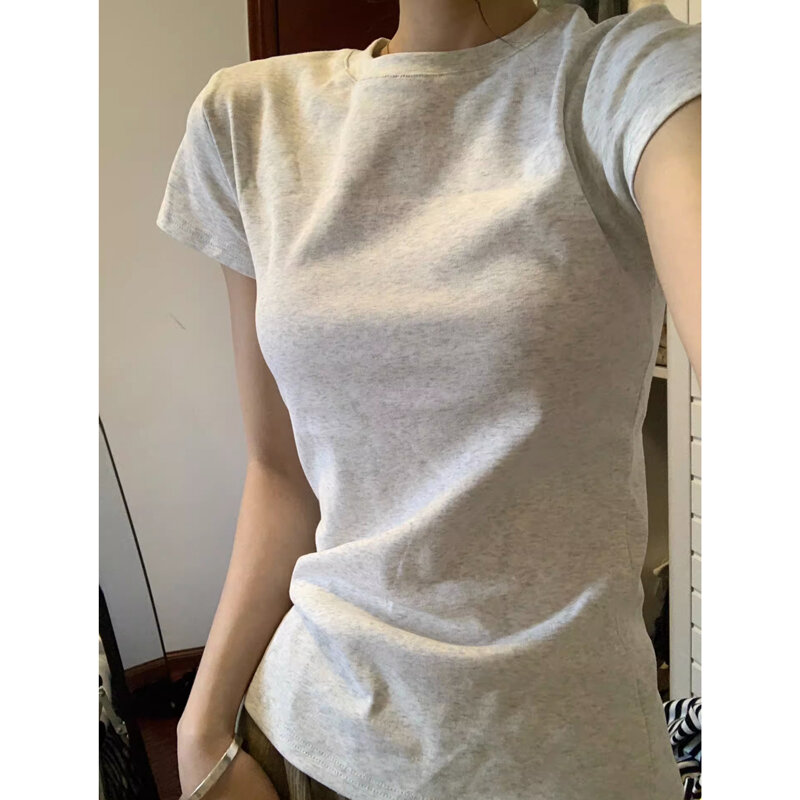 Camiseta básica de manga corta para mujer, Camisa ajustada con hombros al descubierto, color liso, estilo coreano, novedad de verano, 2024