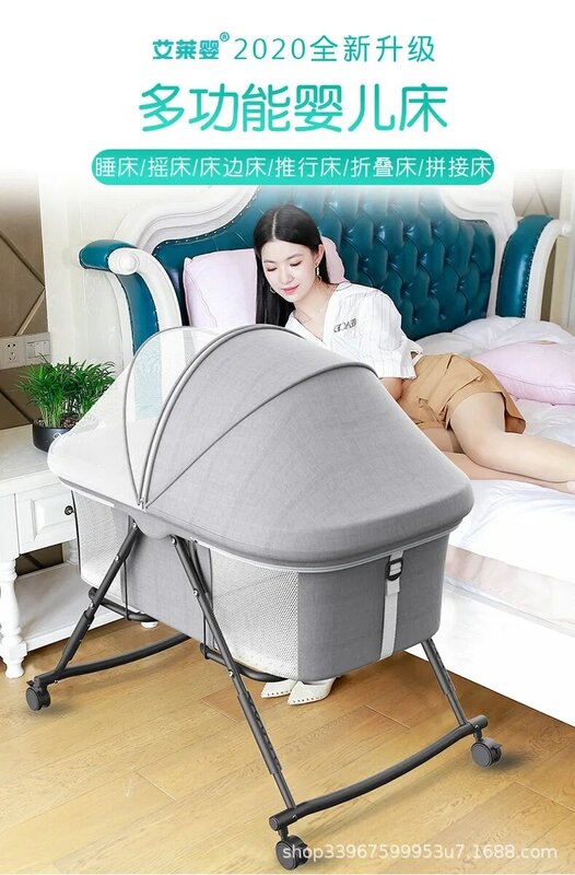 Baby Crib Newborn Multifunctional Splicing Large Bed Portable Folding Infant Removable Cot Bedside Cradle Bed Game Fence