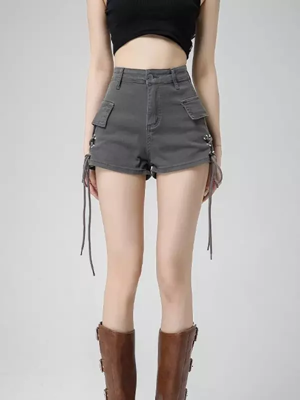 2024 Vintage Streetwear Denim Cargo Shorts Women Sexy High Waist Grey Shorts Slim Lace Up Amercian Retro A Line Shorts
