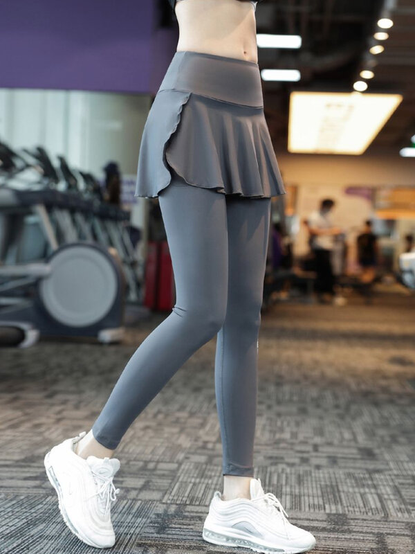 Sport Yoga Hoge Taille Heup Lift Workout Naadloze Leggings Voor Vrouwen Nep 2 Stuks Fitness Panty Elastische Buik Effen Lente Zomer