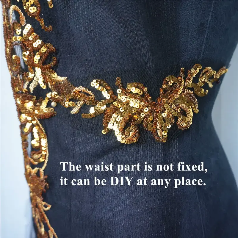 1 Set Kain Renda Bordir Payet Emas Tule Hitam Gaun Pernikahan Kerajaan Mulia Rumbai Kain Perca Applique Gaun Kerah DIY