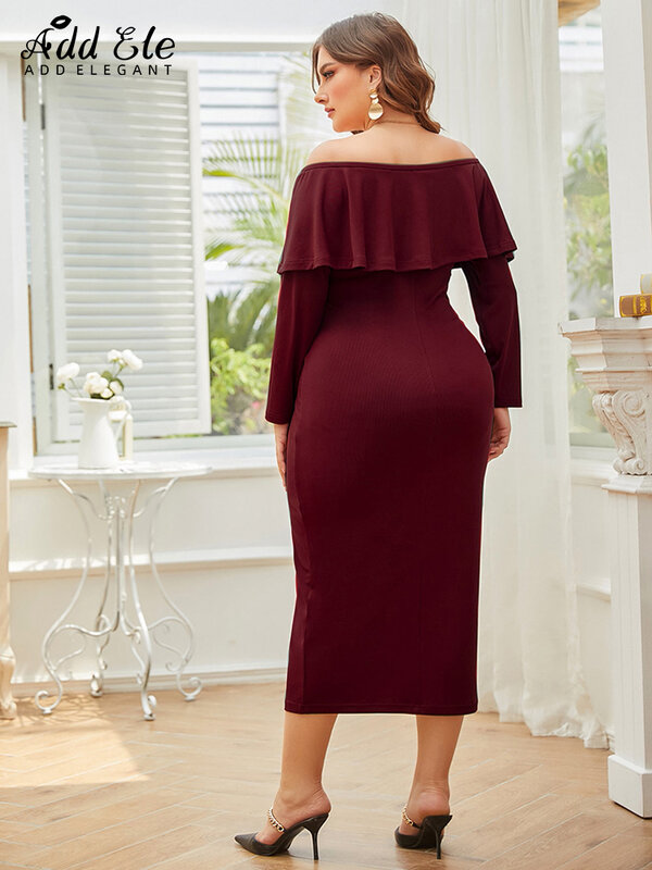 우아한 플러스 사이즈 연필 Bodycon 드레스 여성 2022 가을 통근 프릴 슬래시 넥 세련된 긴 소매 의류 B767 추가