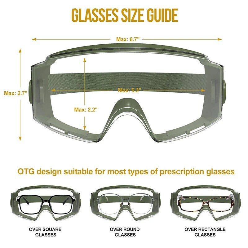 OneTigris 안경 위의 전술 고글, 김서림 방지 전술 안경, 안전 OTG 고글 보호, 교환 가능한 렌즈 포함