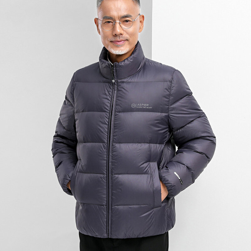 Ultraleve para baixo jaqueta homem luz quente papai casaco de inverno engrossar pão puffer jaqueta clássico lazer gola 90% topos macios