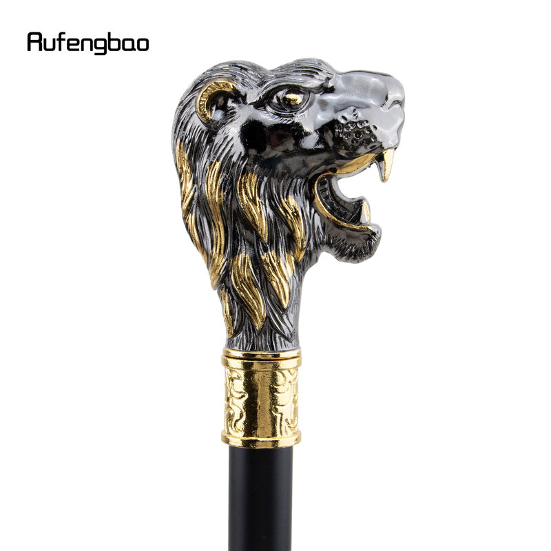 Cabeça de leão preto dourado com bigode, Bastão elegante, Cosplay decorativo, Crochet de cana vintage, 93cm