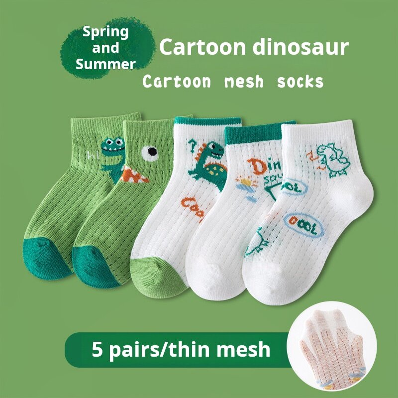 Kaus kaki anak-anak 5 pasang, kaus kaki perahu dinosaurus kartun untuk anak-anak besar katun jaring jaring Musim Panas 2024