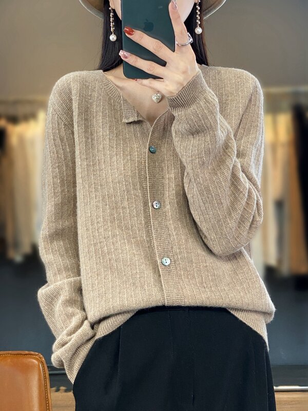 Cárdigan de punto de lana 100% para mujer, suéter de cuello redondo, cárdigans casuales, camisa holgada de manga larga, talla grande, primavera y otoño