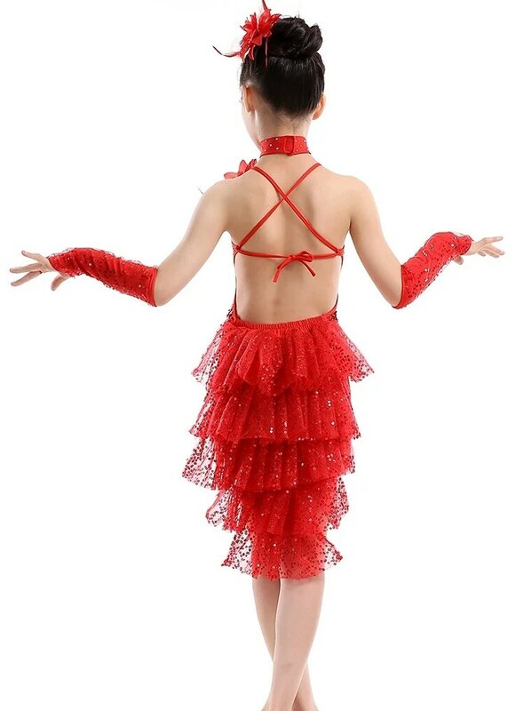 Trajes de dança latina lantejoulas para crianças, saia com borla para meninas, salsa e dança, competição de artistas, traje infantil