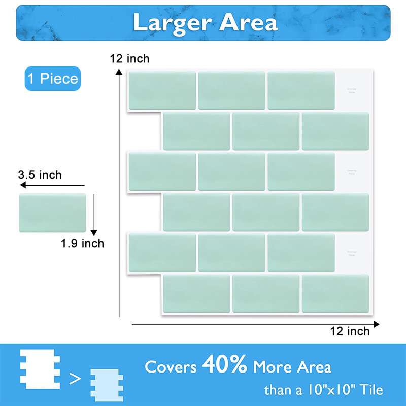 Vividtiles Ukuran Besar 12*12 Inci Wallpaper Vinil Perekat Otomatis Ubin Efek 3D Subway Hijau Kupas dan Tempel untuk Kicthan (1 Lembar)