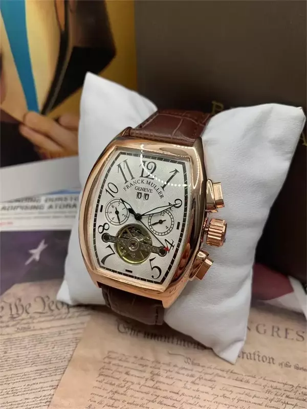 FRANCK MULLER Man นาฬิกา Tonneau นาฬิกาข้อมือผู้ชายพร้อม Gratis Ongkir กันน้ำนาฬิกาของขวัญนาฬิกากลไกสำหรับชายหนัง