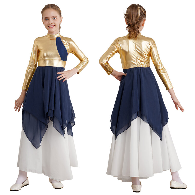 Kids Girls abito da ballo lirico manica lunga panno abbronzante Chiffon Splice Ballet Dance Dress Rave Party Stage Performance Costume