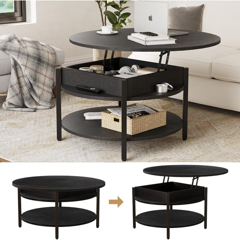Round Lift Coffee Table 35.43 Inch Farmhouse Living Room Coffee Table Reception Room With Storage and Hidden Compartments Tables