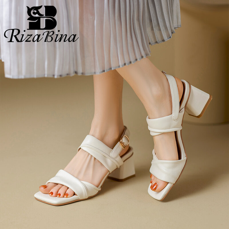 RIZABINA Real Leather Women Sandals Fashion Square Toe Chunky High Heels Shoes Female Back Strap Summer Beach Footwear Handmade