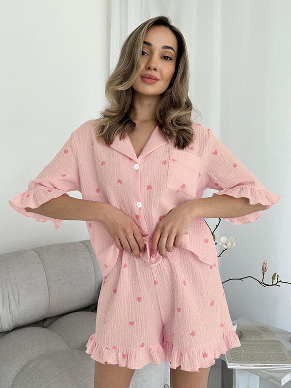 Marthaqiqi Casual Women Nightgowns Suit Sexy Turn-Down Collar Sleepwear Half Sleeve Nightwear Shorts Printing Ladies Pajamas Set