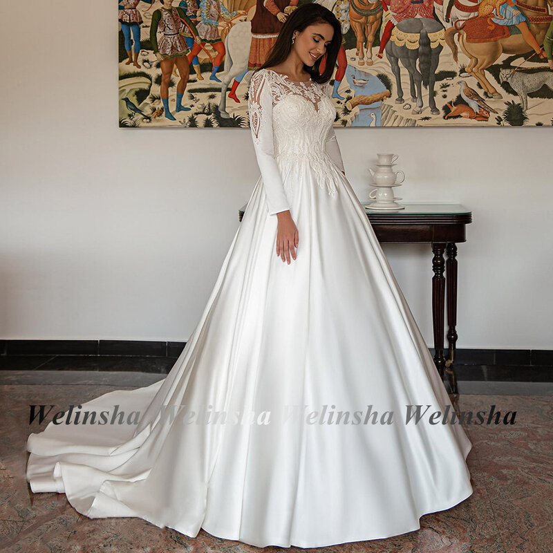 Weilinsha wspaniała suknia ślubna wysokiej jakości z wycięciem perły aplikacja z linii satynowe sukienki panny młodej Vestido De Noiva