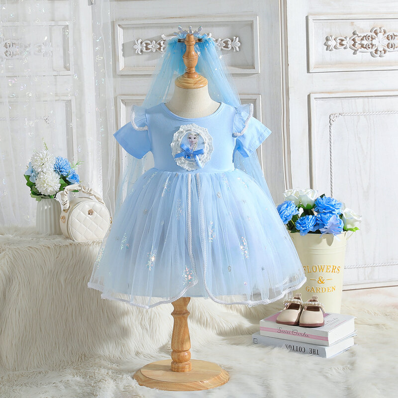 Frozen Elsa Princess Dresses For Baby Girls New Summer Fashion Kids Cartoon Short sleeved Mesh Party Costume Children Clothing