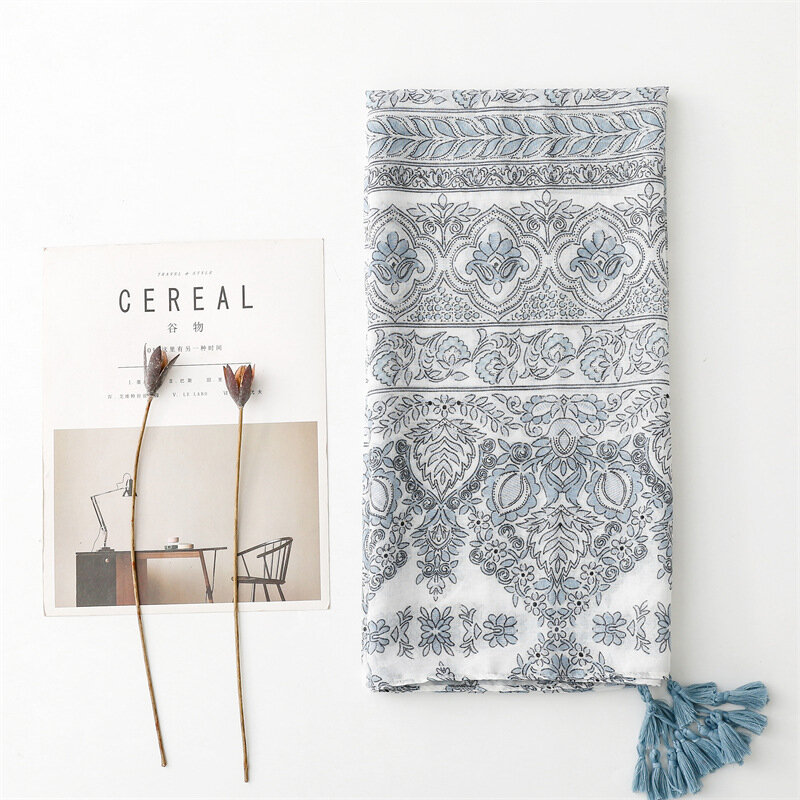 Bufanda de algodón y lino de estilo étnico Retro para mujer, chal de borla de flores pequeñas, azul y gris