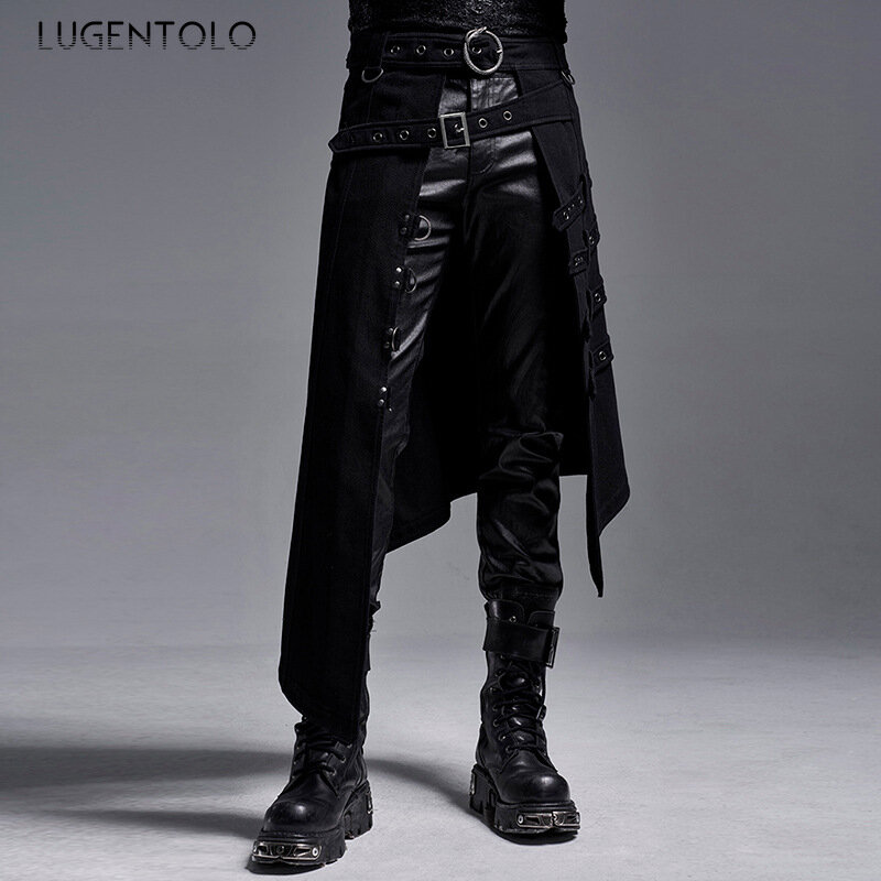 Lugentolo-Falda Punk Rock para hombre y mujer, falda negra oscura, anillo asimétrico gótico de vapor, faldas casuales de moda Vintage para fiesta, nueva tendencia