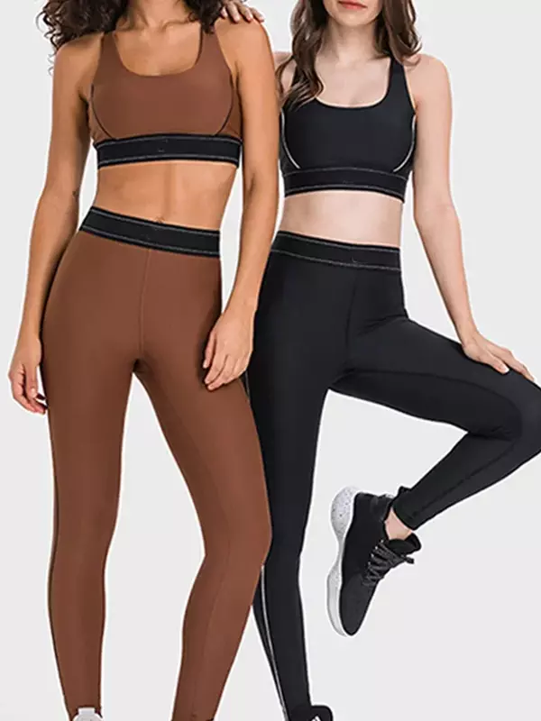 Yoga calças set, cintura alta, cintura elástica, cor pêssego, cor pêssego, para esportes e fitness