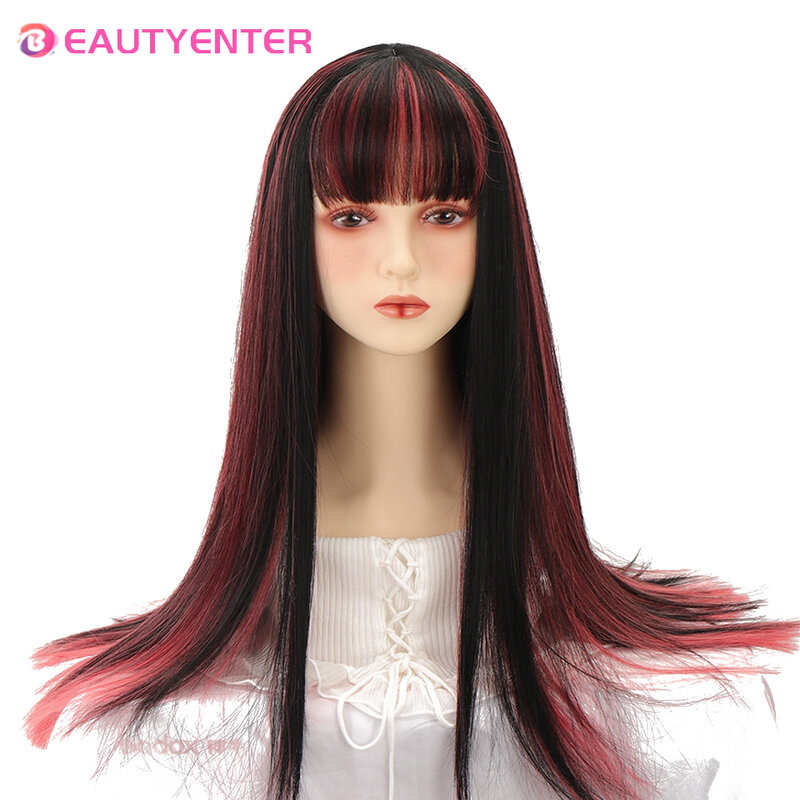 BEAUTYENTER peruka syntetyczna czerwone głębokie proste peruka z grzywką dla kobiet długie czarne włosy warstwowe żaroodporne na imprezę Cosplay