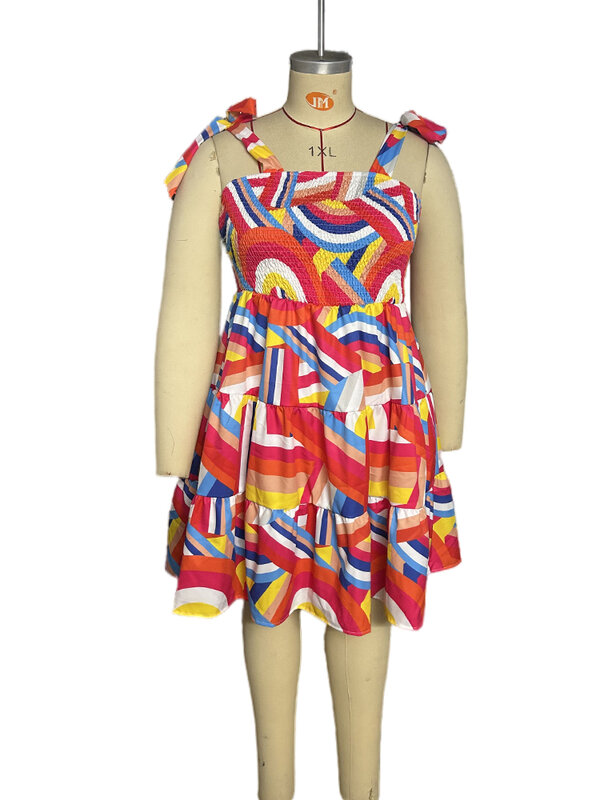 Plus Size Elastic Mini Dress Ladies Elegant Print Dress Spring Summer Ladies Neck Sleeveless Dresses Wholesale Dropshipping