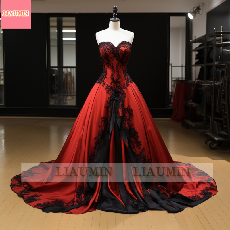 Red Satin and Black Lace Edge Applique Straplress Full Length Lace Up Back Evening Dress Brithday Party Elagant Clothing  W1-14