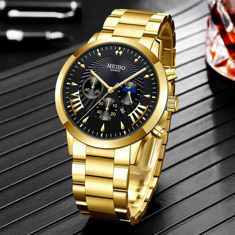 패션 남성 시계 브랜드 럭셔리 골드 스테인레스 스틸 쿼츠 시계, 남성 방수 스포츠 크로노 그래프 시계