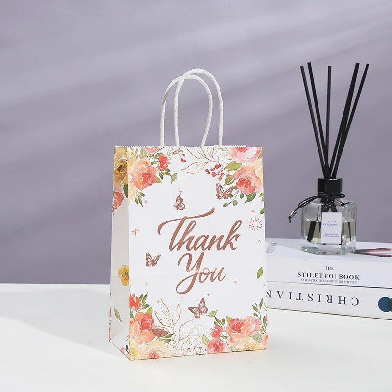 Thank You Paper Gift Bag With Handle Flower Love Portable Packaging Bags Wedding Favors For Guest Birthday Gift Decoration