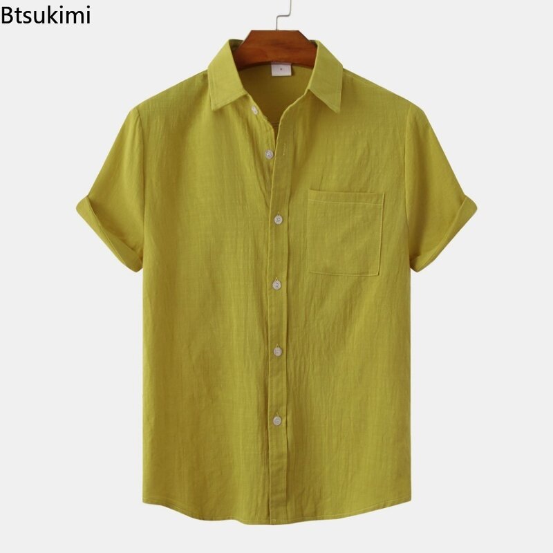 2024 letnie męskie jednokolorowe krótkie koszule z rękawami mieszanka lnu i bawełny w chińskim stylu proste koszule na co dzień męskie bluzki z klapami