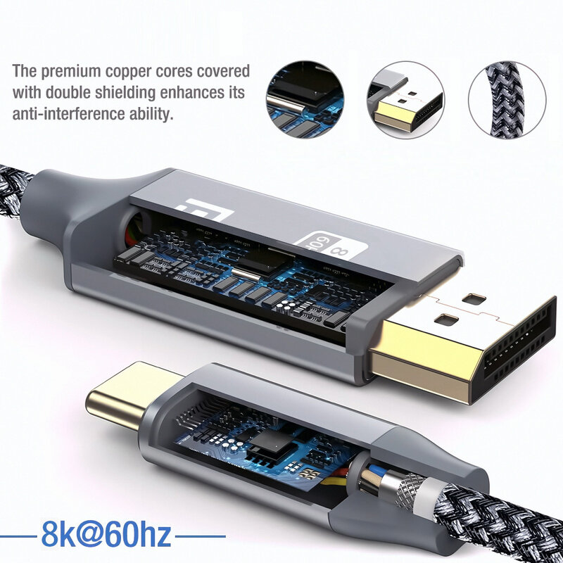 USB C Thunderbolt 3 para 4K 8K @ 60Hz DisplayPort adaptador, DP1.4 32.4Gbps, cabo de alta velocidade, compatível com Iphone15, Macbook