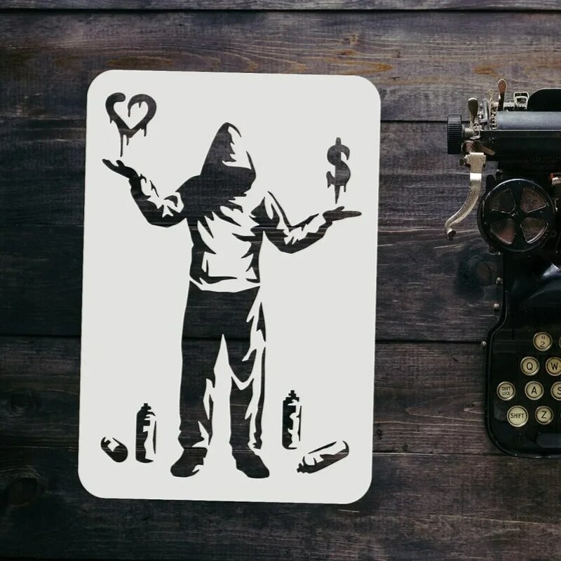Reutilizável Banksy Stencil, Homem Desenho Padrão, Decoração Stencil, Amor ou Dinheiro, 11,7x8,3"