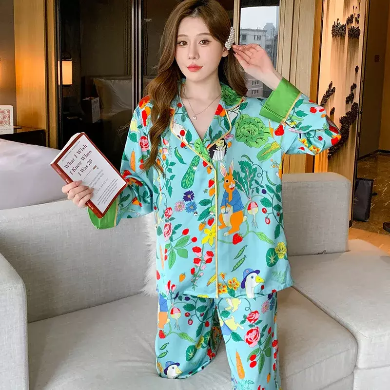 Pijama de seda de hielo para mujer, ropa de salón de alta gama con solapa de estilo Ins, traje de Casa cómodo de manga larga a la moda, primavera y verano, novedad