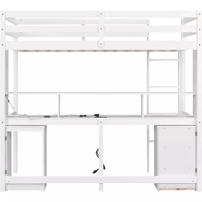 Twin Size Loft Bed with Multi-Storage Desk, LED Light and Bedside Tray, Charging Station, White