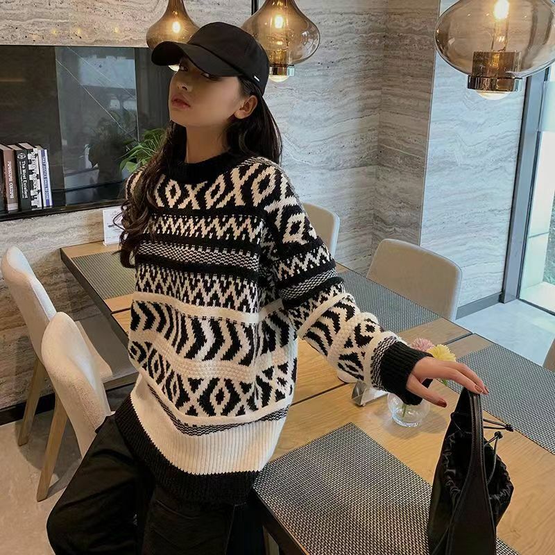 New Fashion Loose Knitted Sweater Women Winter Warm Plaid Graphic Printing Retro Long Sleeve O-Neck Sweaters Pullovers Tops