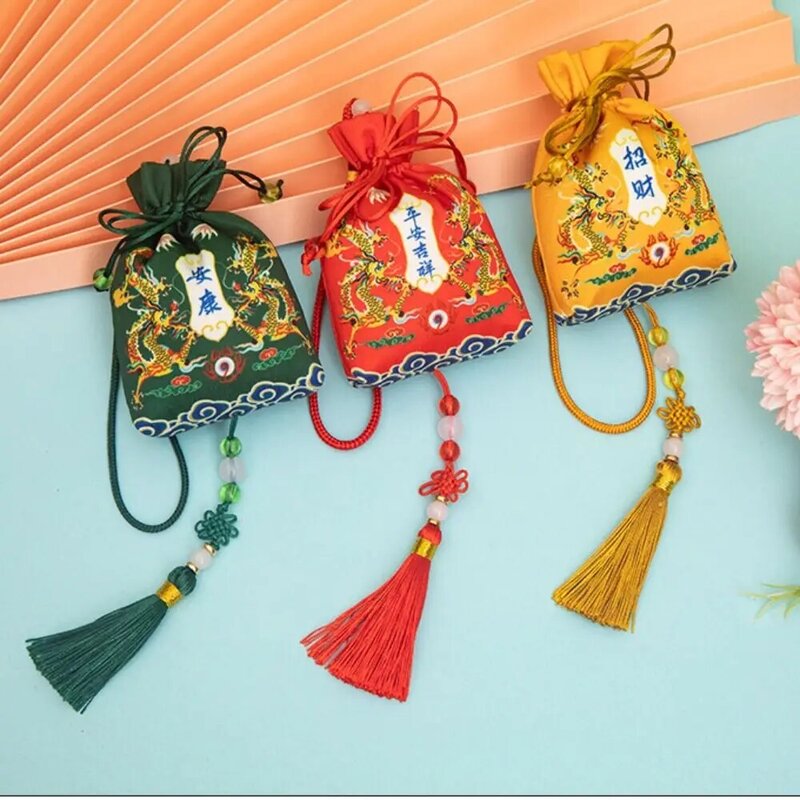 Bolsa de la suerte de Dragon Year, bolsita de estilo chino con borla impresa, bolsa pequeña para almacenamiento de joyas