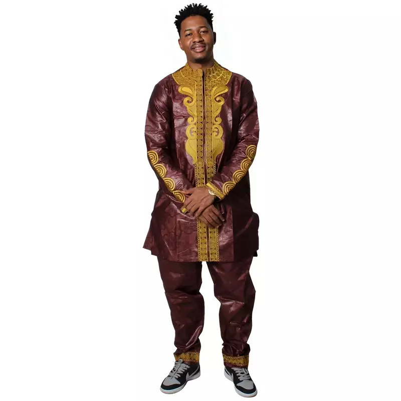 아프리카 남자 패션 Bazin Riche 자수 디자인 롱 탑, 신발 없는 바지