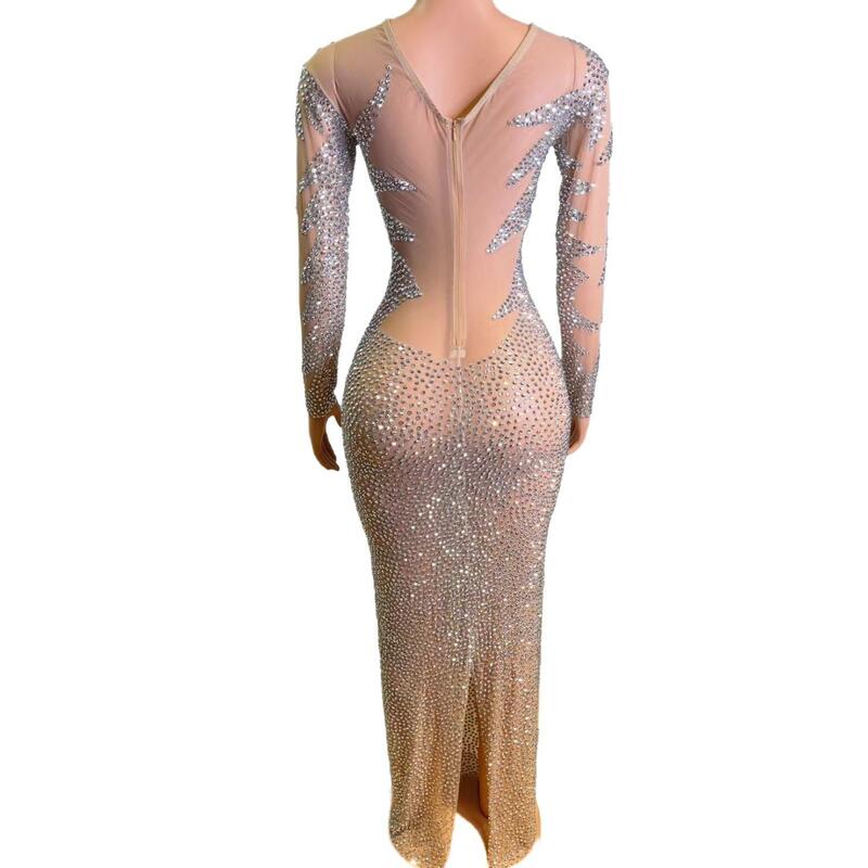 Sparkly Crystals Evening Prom Party Birthday Long Dress for Women Sexy Mesh Transparent Photo Shoot Wear Stage Costume Huasheng