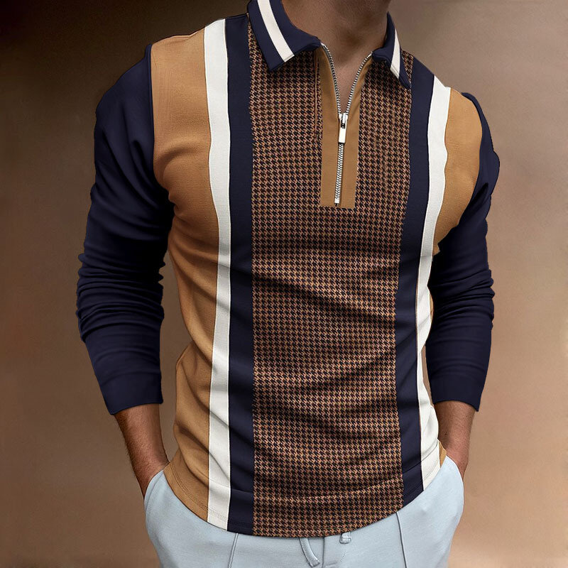 Nova impressão xadrez camisa polo masculina casual moda confortável manga longa camiseta topos roupas masculinas