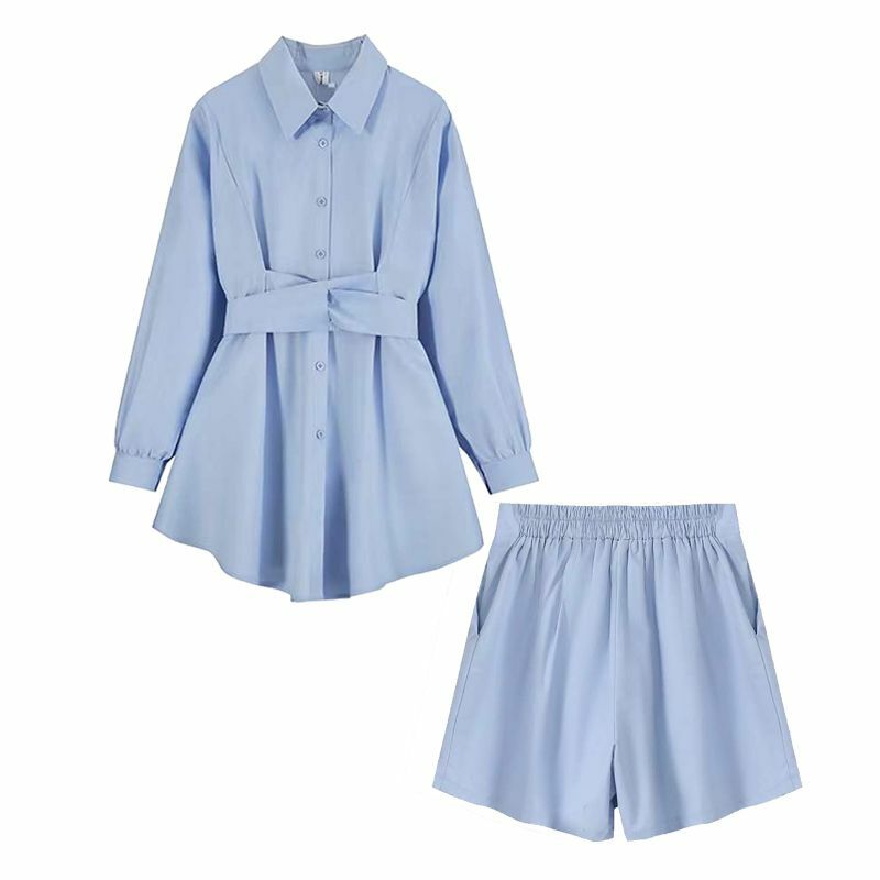 Women's Suit 2023 Spring and Summer Cross High Waist Dress Fashion Slim Waist Shirt Skirt Casual Shorts Two-piece Set