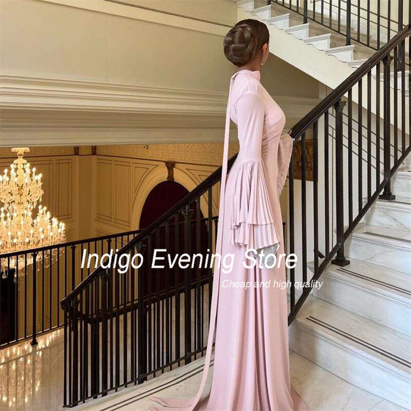 Indigo Evening Dress Long Sleeve High Collar Floor-Length Simple Elegant Party Dress For Women 2024 Sweep Train Vestidos De Gala