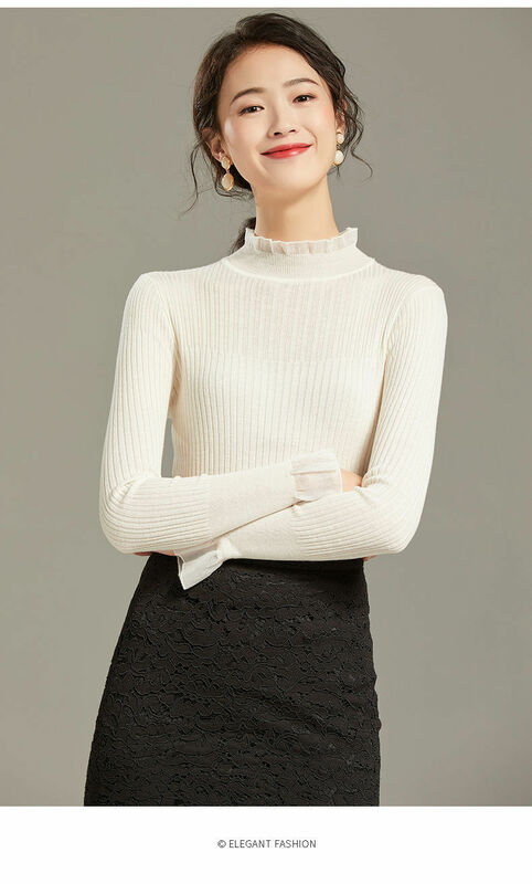 Новинка 2022, осенне-зимний свитер, модный свитер с прострочкой, с кружевным воротником, Женская Облегающая рубашка