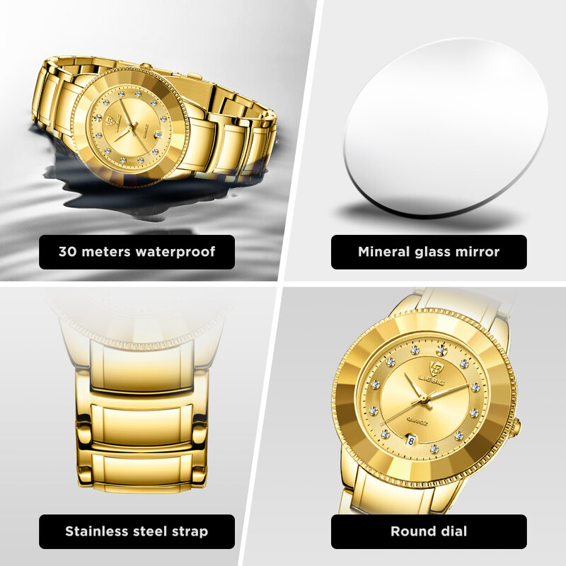 LIEBIG 남성용 비즈니스 시계, 남성용 골드 스테인레스 스틸 스트랩 쿼츠 손목시계, 럭셔리 시계, 새로운 스타일
